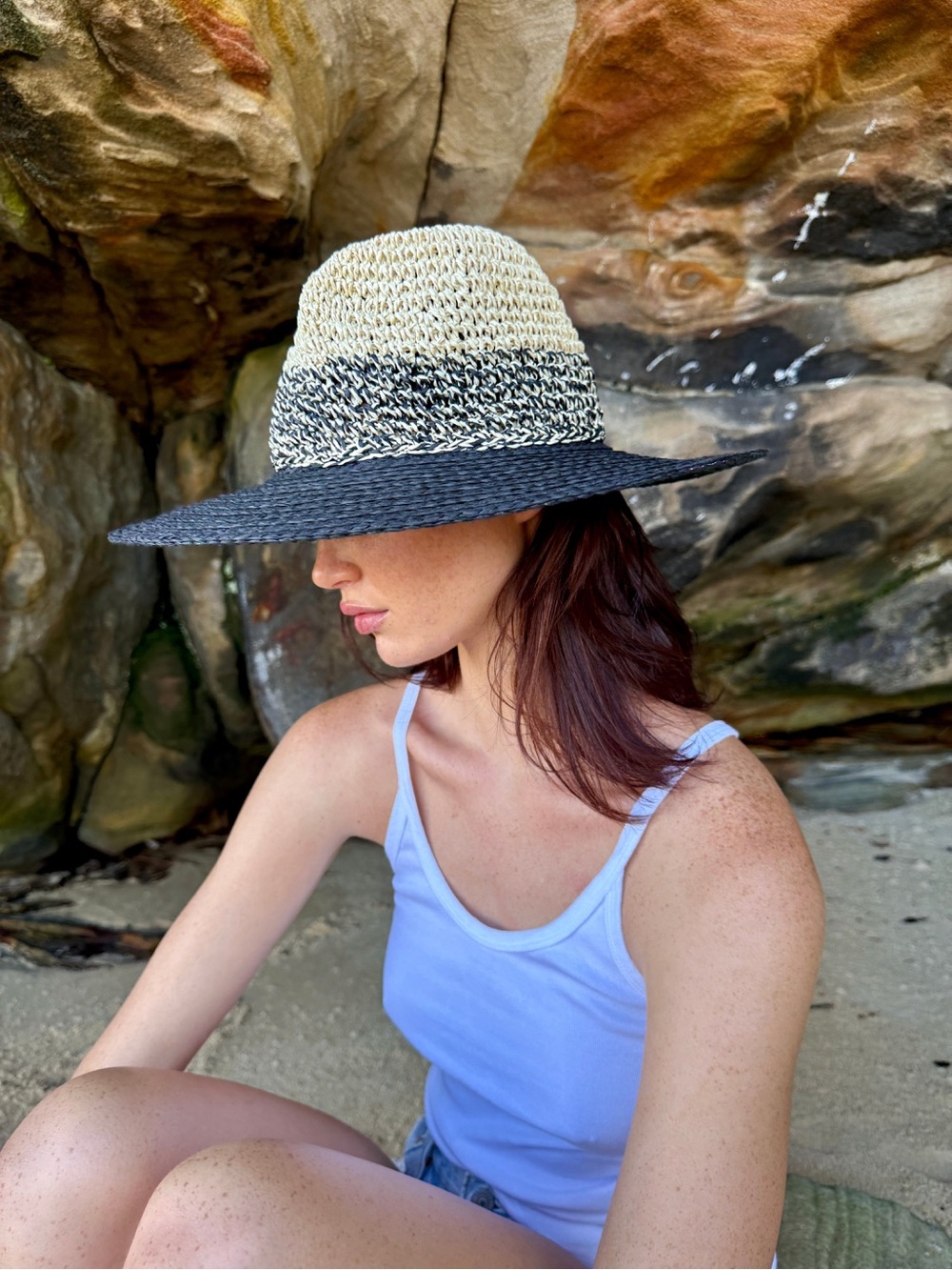 Two-Tone Straw Sun Hat - Black and Natural